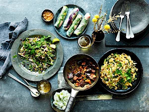 Photograph of a table top of dishes of Vietnamese food. Fresh spring rolls, aubergine curry, noodles. A feast.