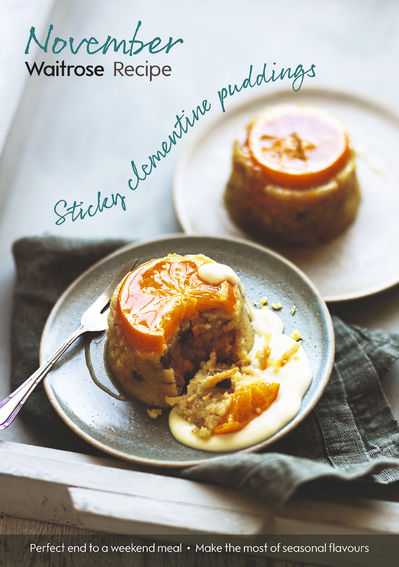 Waitrose recipe card for Sticky Clementine Puddings Karen Thomas