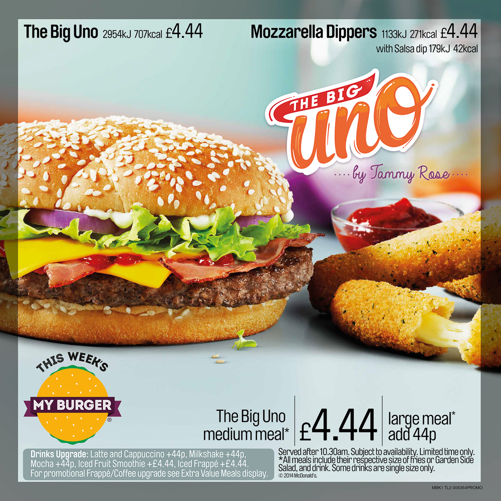 Advert for The Big Uno. Photograph of a beefburger with Mozzarella Cheese dippers