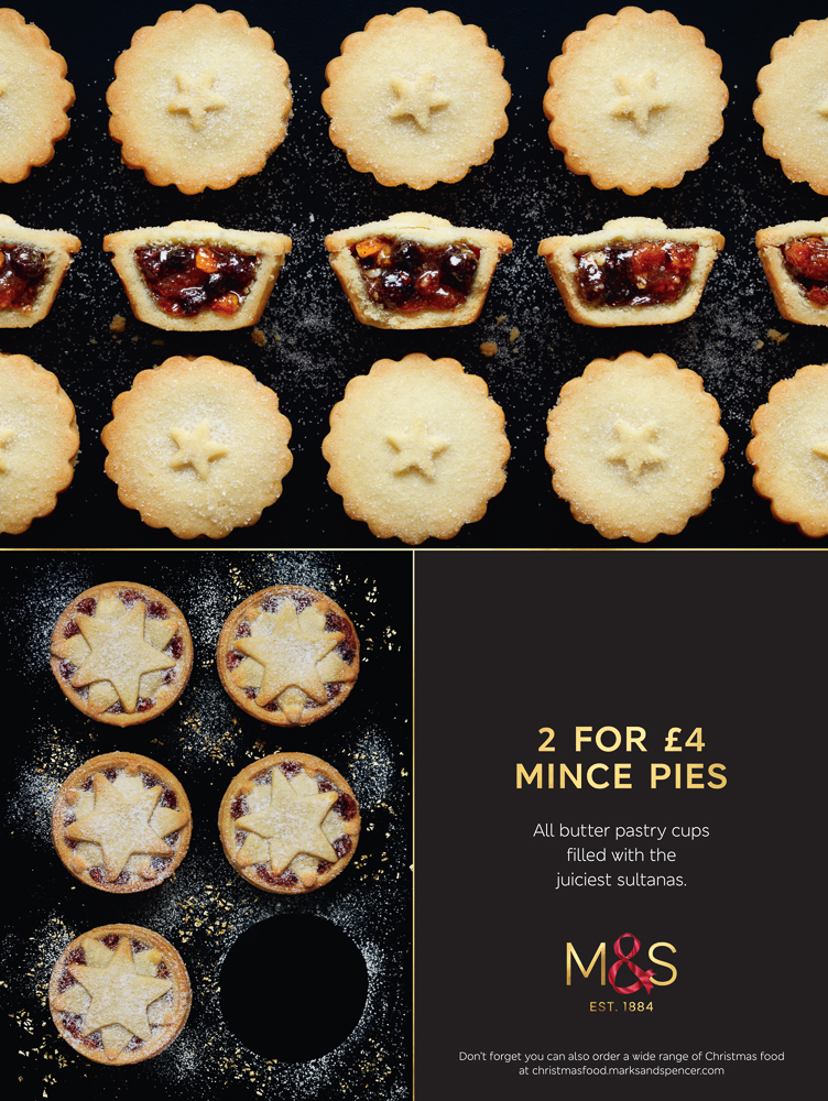 Advert for 2 for £4 Mince Pies. Photographs of mince pies