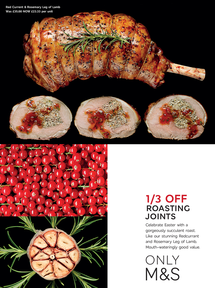 Advert for third off roasting joints. Photographs of leg of lamb, redcurrant still life and garlic with rosemary
