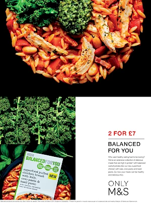 Advert for Balanced for you. Photographs of chicken pasta with kale, kale still life and pack shot