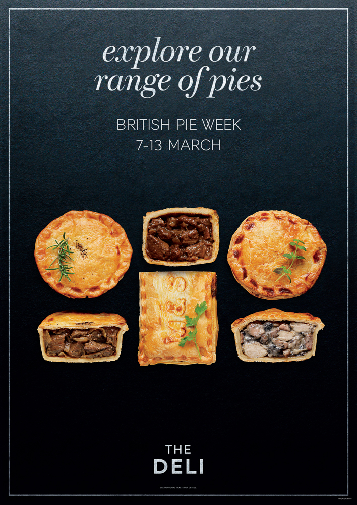 Advert : Explore our range of pies. Photograph of chicken and meat pies shot from above and showing whole and cut halves.
