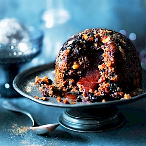 Photograph for Waitrose of Sugar Plum Pudding dessert with oozing centre