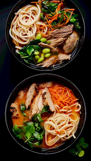 Marks and Spencer - Photograph of bowls of Ramen Soup with Chicken, Beef and Noodles