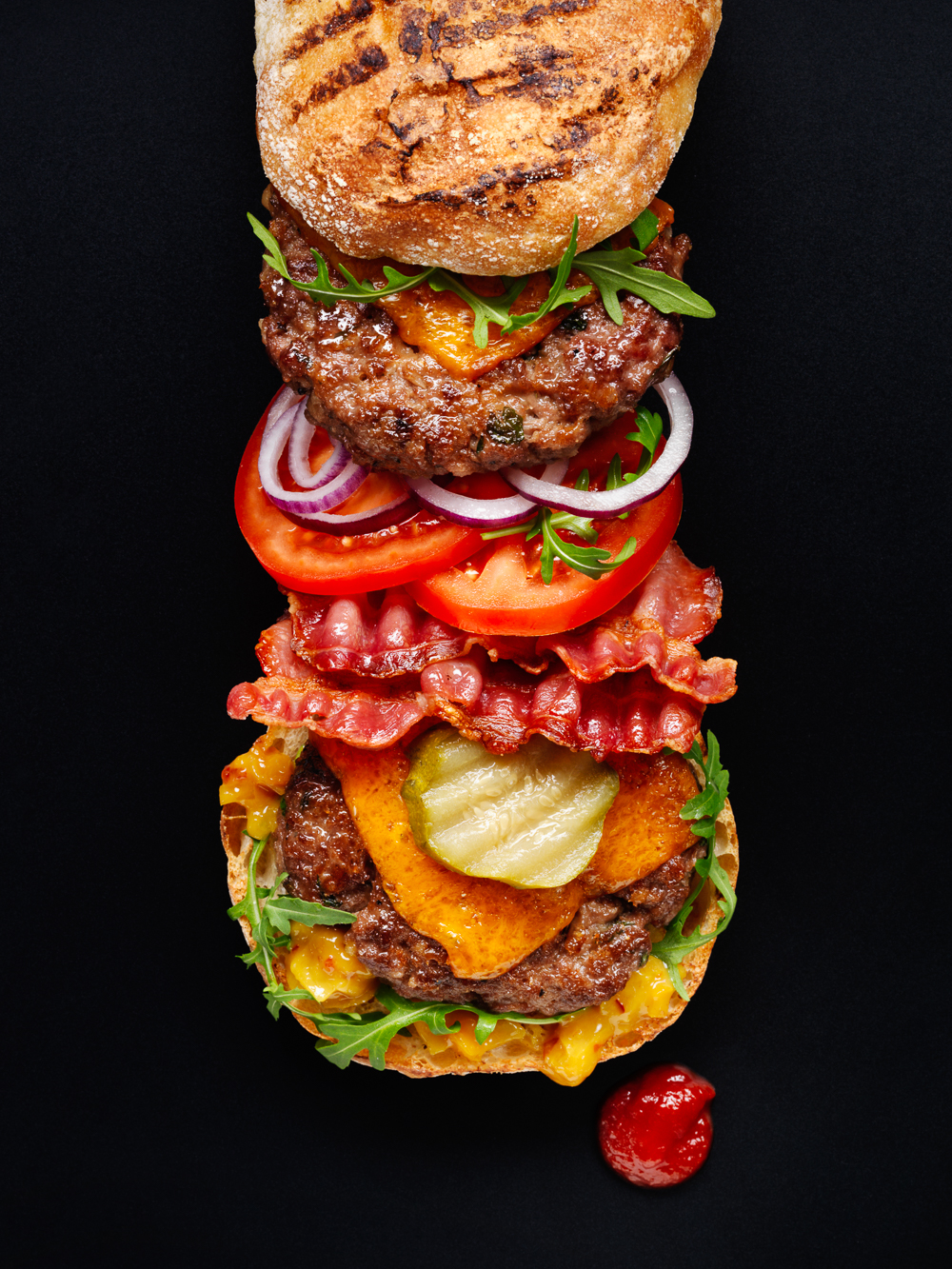 Photograph of a deconstructed burger