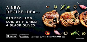 Advert: A New Idea. Photograph of pan fried lamb loin with chilli and black olives