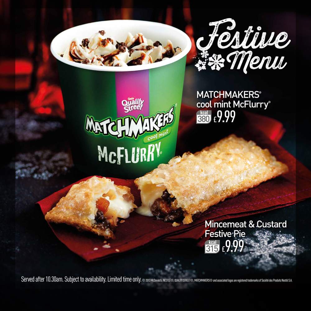 Festive menu. Photograph of and christmas mincemeat and custard festive pie and a matchmakers cool mint McFlurry