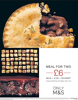 Meal for Two. Marks and Spencer. Photograph of Beef Pie, Roast Potato Cubes and Chocolate Pudding