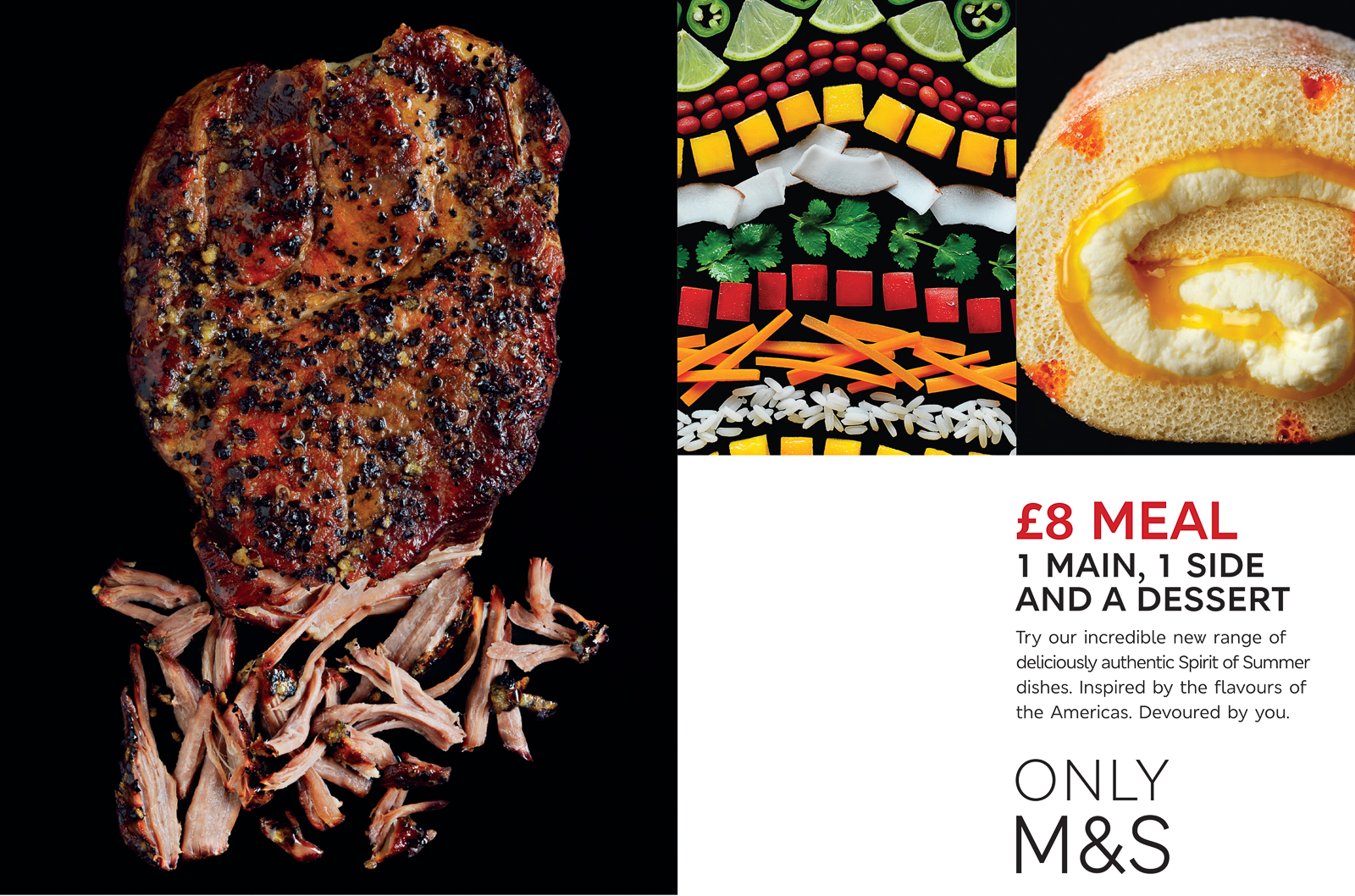 Photograph of pulled pork, vegetable pattern and sweet roulade