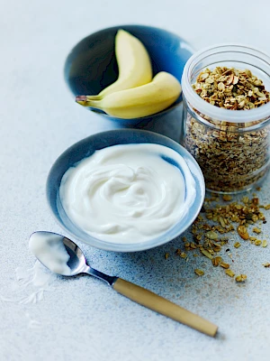 Photograph of Greek yogurt, bananas and oats in bowls in kitchen.