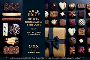 Photographs of M&S chocolates with a box and black ribbon, and biscuit selection