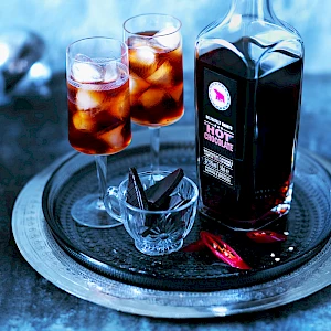 Photograph of Hot Chocolate Vodka drink and bottle