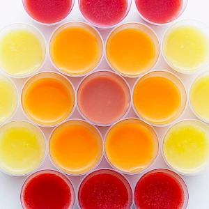 Photograph of colourful juices, overhead