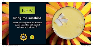 Bring Me Sunshine advert, photograph of a tropical super smoothie with nectarine and coconut