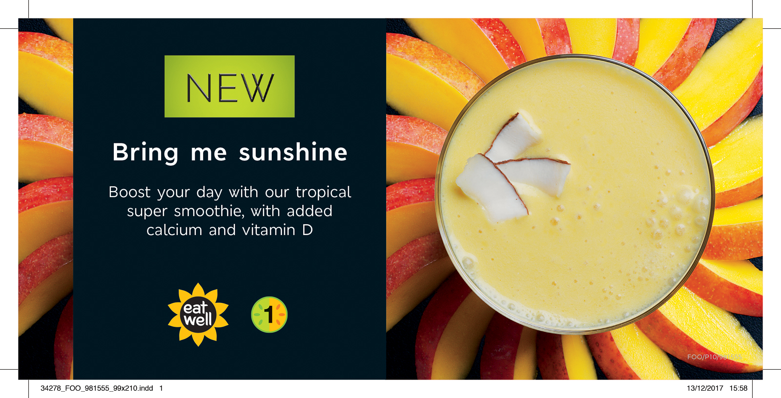 Bring Me Sunshine advert, photograph of a tropical super smoothie with nectarine and coconut