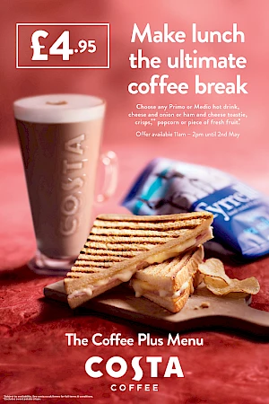 Photograph of toasted sandwich, latte and Tyrrell crisps