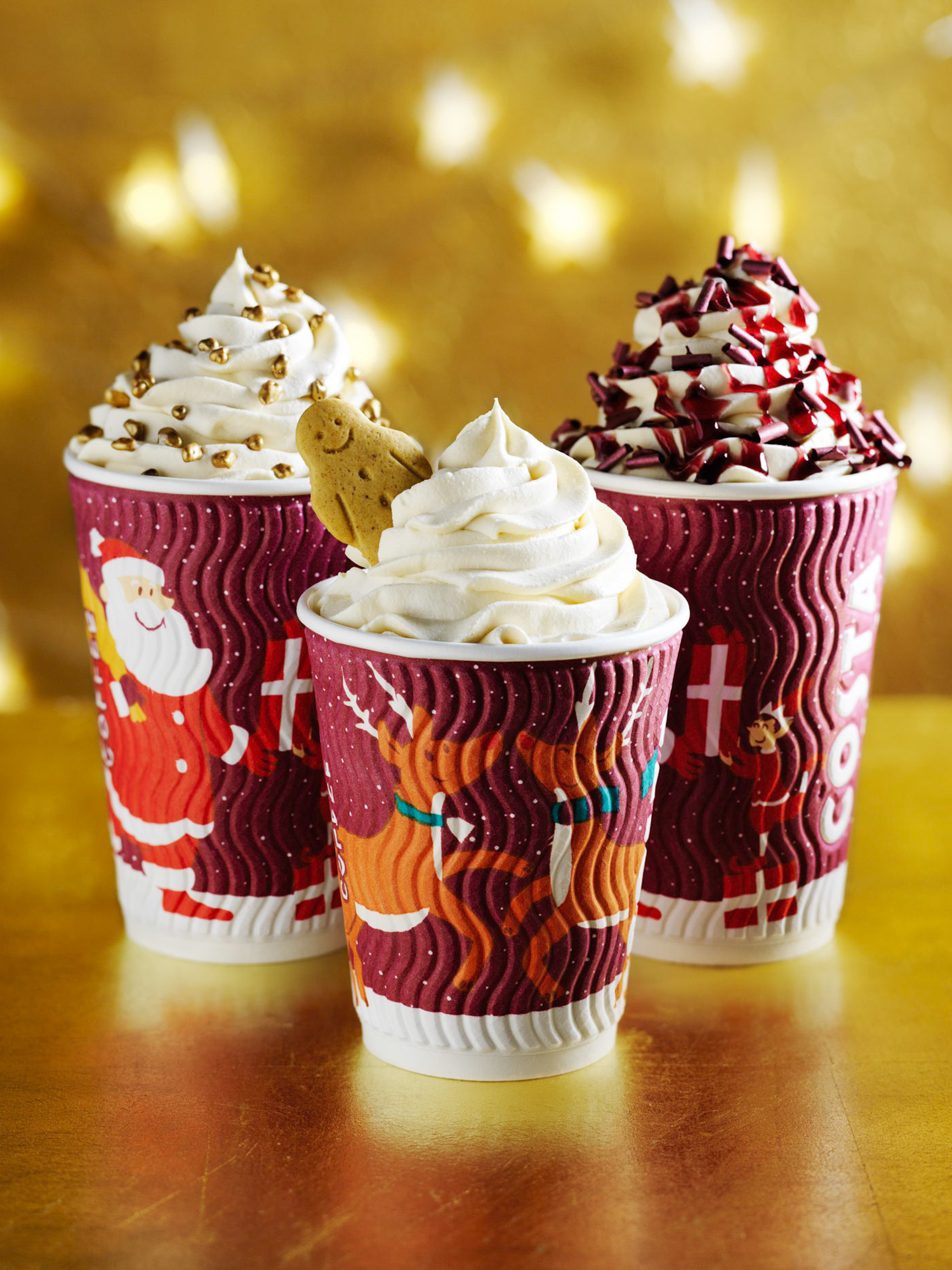 Costa Festive Chocolate Drink Christmas Range in Takeaway Cups with Christmas Lights