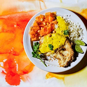 Cauliflower Katsu with Carrot ribbons and chickpeas